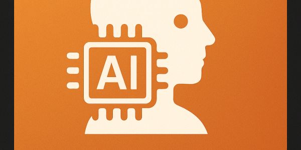 Illustration of AI integration with human profile on orange background.