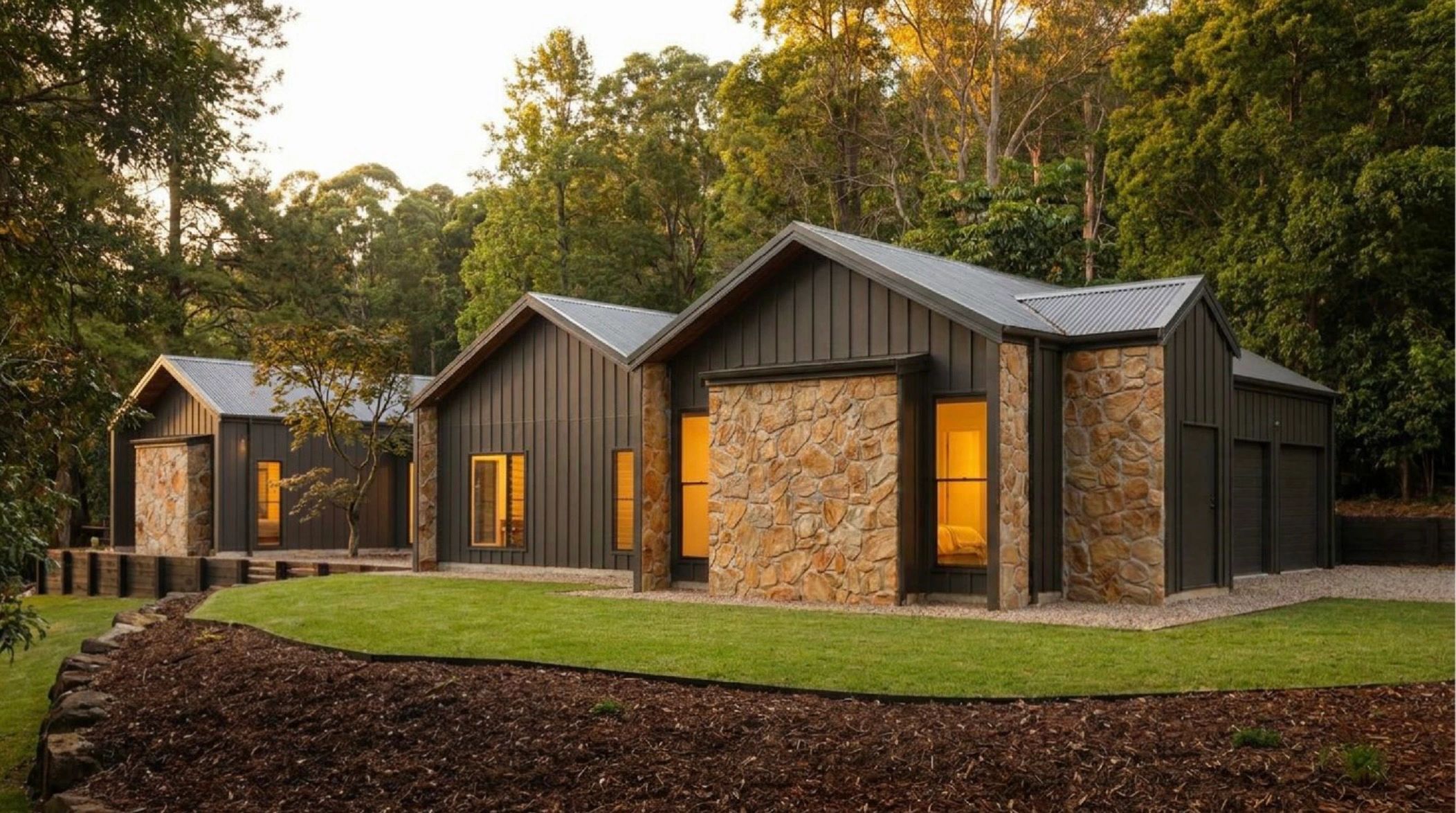 Modern cabins with stone and wood exterior in a forest setting.