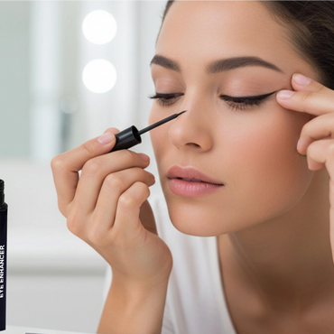 Woman applying eyeliner with precision in a bright room.