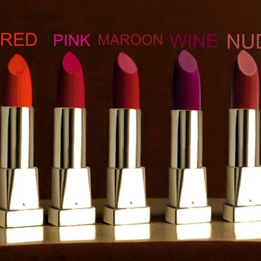 Five lipsticks in shades of red, pink, maroon, wine, and nude.