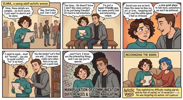 Comic about Elara, an autistic young adult navigating social cues and communication.