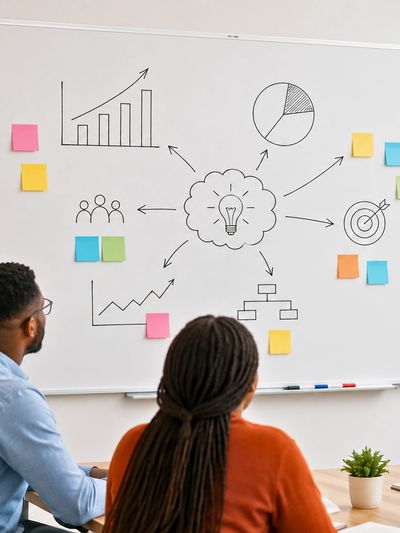 Two people analyze a whiteboard with business strategy diagrams and colorful sticky notes.