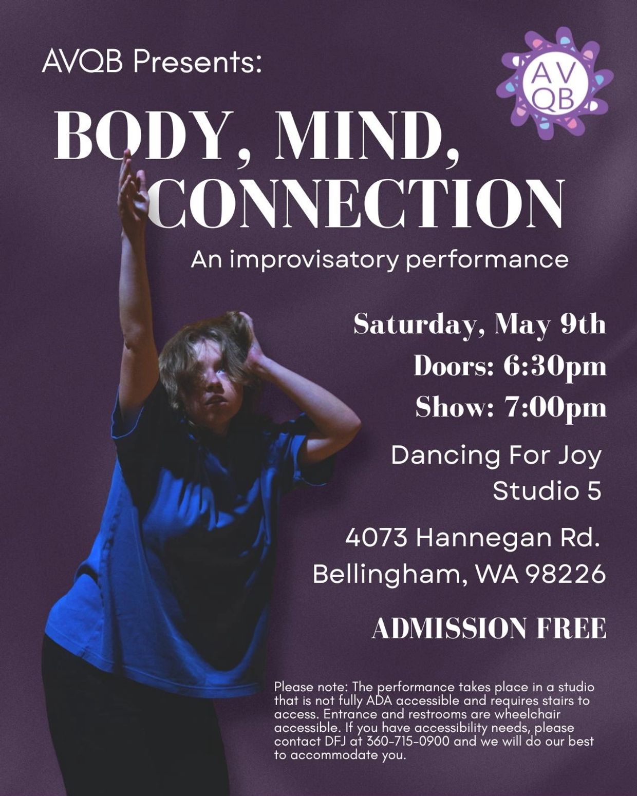 Poster for AVQB's improvisatory performance 'Body, Mind, Connection' on May 9th with free admission.