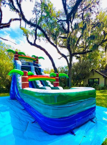 Tropical dual-lane inflatable water slide with splash pool—perfect for backyard parties, birthdays,