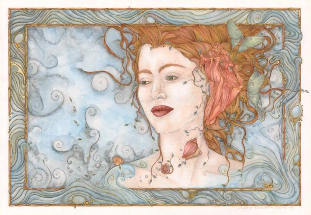 Falling into dreams. Woman with conch shell to her ear, surrounded by blue sand and swirls.