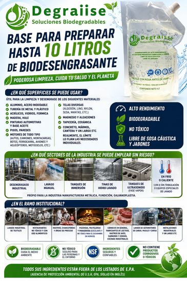 Publicidad de biodegrasante para limpieza y desengrase de hasta 10 litros.