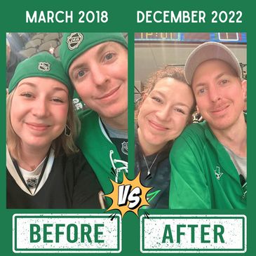 Side-by-side of a couple at a hockey game, labeled "Before" and "After" (Dec 2022).