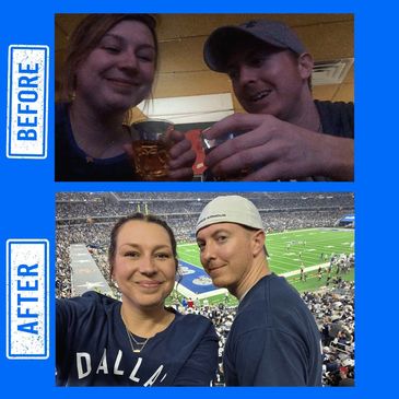 Two-photo collage of a couple: drinking "Before" and at a stadium "After."