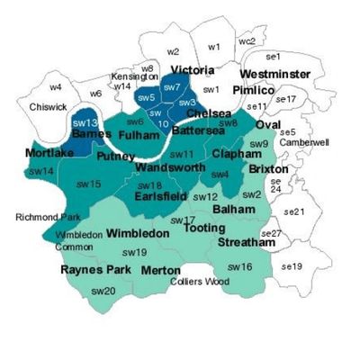 Map showing London areas with postal codes and neighborhood names.