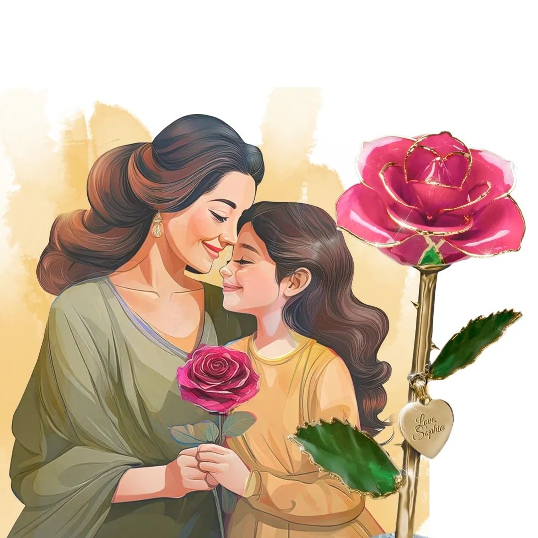 Illustration of a mother and daughter sharing a loving moment with a rose.