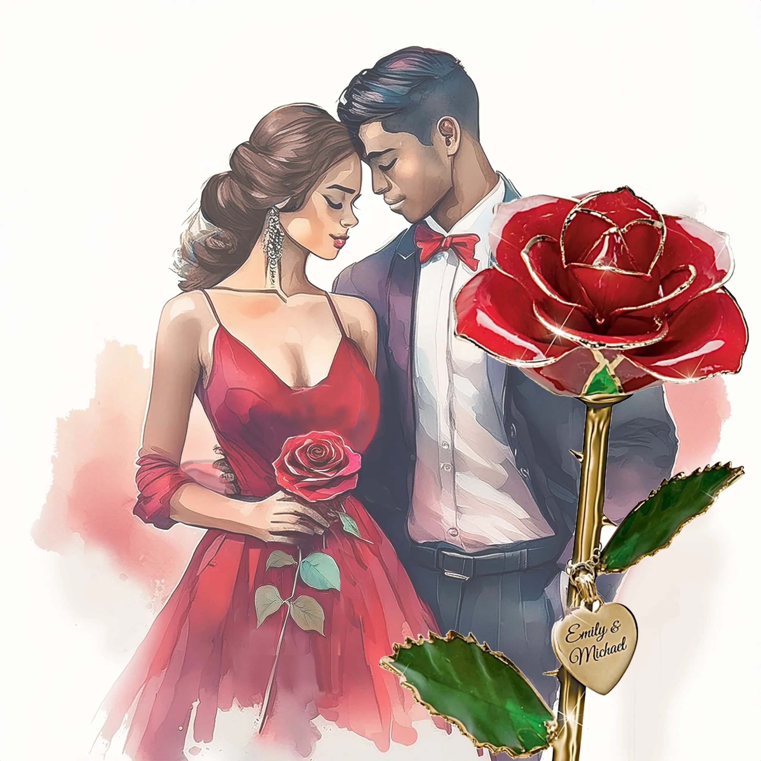 Romantic couple sharing a moment with a red rose and a heart charm.