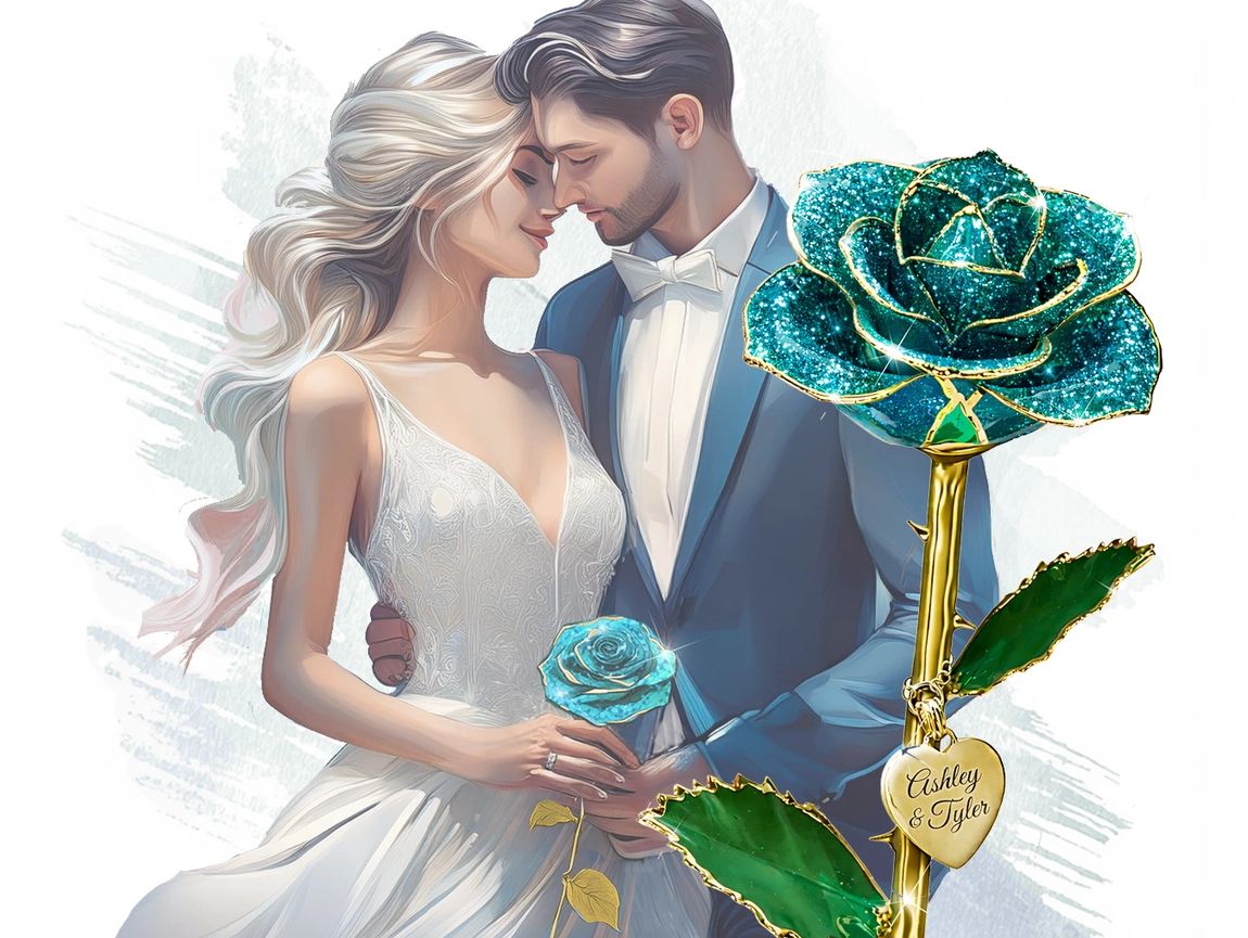 Romantic couple embracing with a glittering blue rose and engraved heart charm.