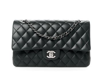 Chanel Classic Flap bag stored upright on white shelf.