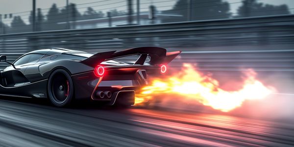 Sports car emitting flames on a race track.
