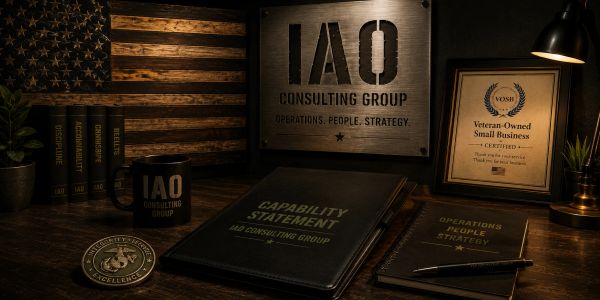 Desk setup with IAO Consulting Group materials and American flag.