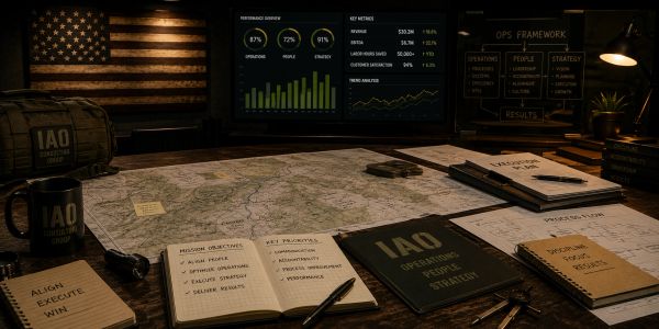 A strategic planning desk with maps, notebooks, and data screens under dim lighting.