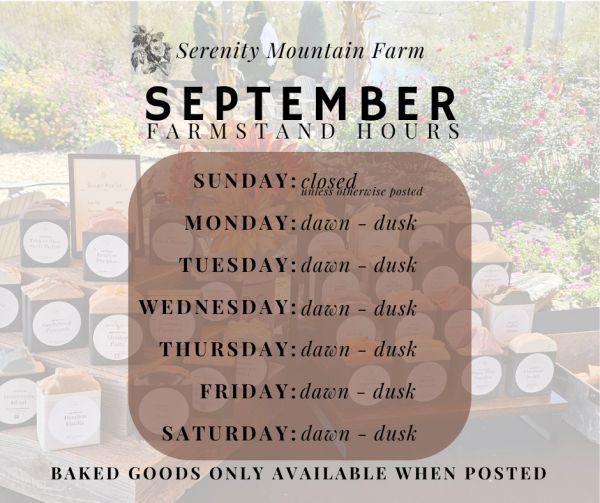 Serenity Mountain Farm September farmstand hours poster.