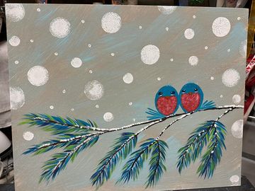 Two little love birds sitting in a tree while it's snowing! You can paint this @ The Art Shed.