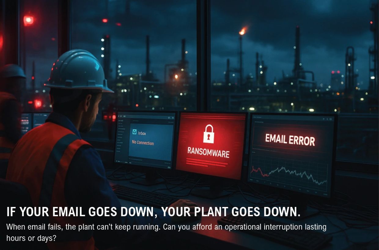 Worker monitors ransomware and email error warnings on multiple screens in a plant control room.