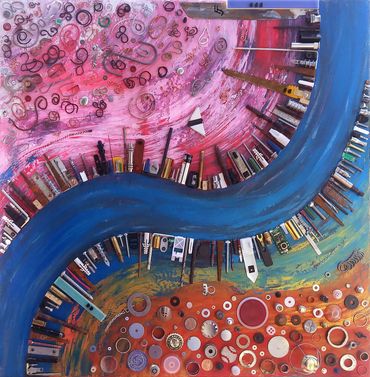 A Different View Orange, pink, & blue painting with 2 cities on each side of central winding river