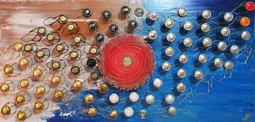 Contents Under Pressure Blue & gold painting with central red sawblade & bottle tops in flow pattern