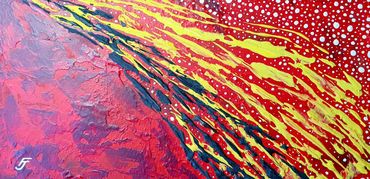 Eruption Red, yellow & black painting showing textured lava flow with white dots falling like ash