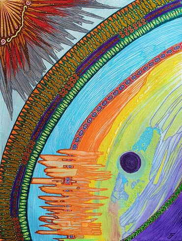 Sun Over the Rainbow Abstract painting with detailed red sun, intricate rainbow, moon, and clouds