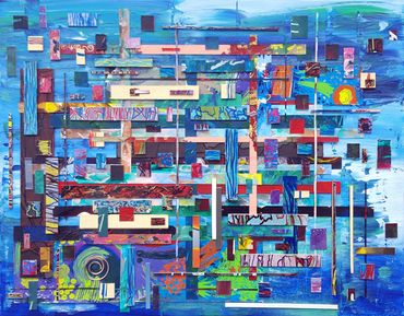 Tetris Undone Blue painted background with multicolored various shaped mosaic tiles arranged loosely