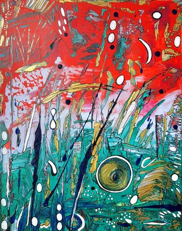 Kelp Forest A red and teal abstract painting of kelp and algae