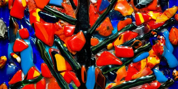 Vibrant mosaic art depicting a tree with colorful leaves against a blue background.