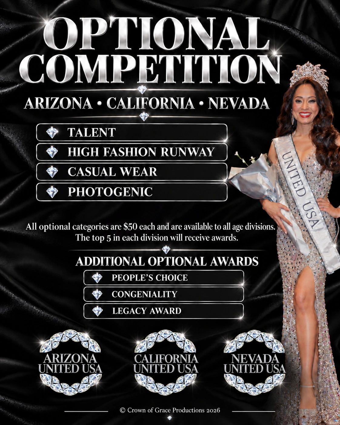 Pageant optional competition categories for Arizona, California, Nevada.