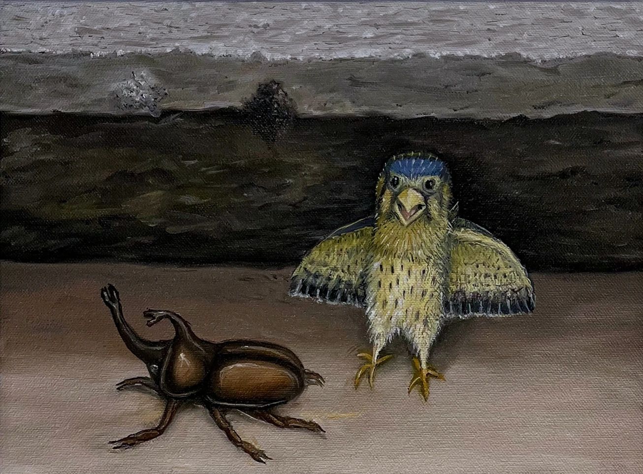 Oil painting Baby bird with rhino beetle