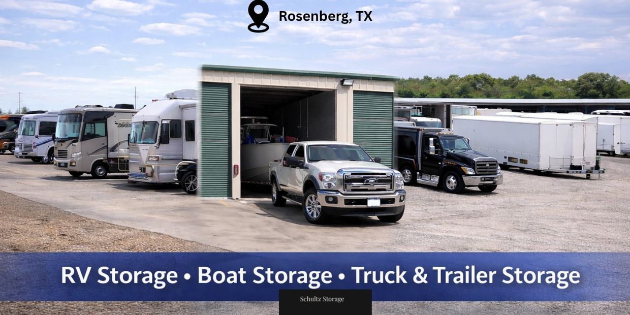Outdoor storage facility for RVs, boats, trucks, and trailers in Rosenberg, TX.