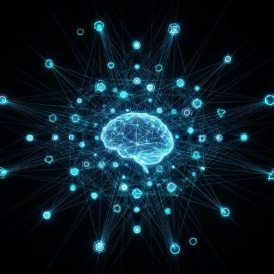 Digital brain network connected by glowing nodes and lines.