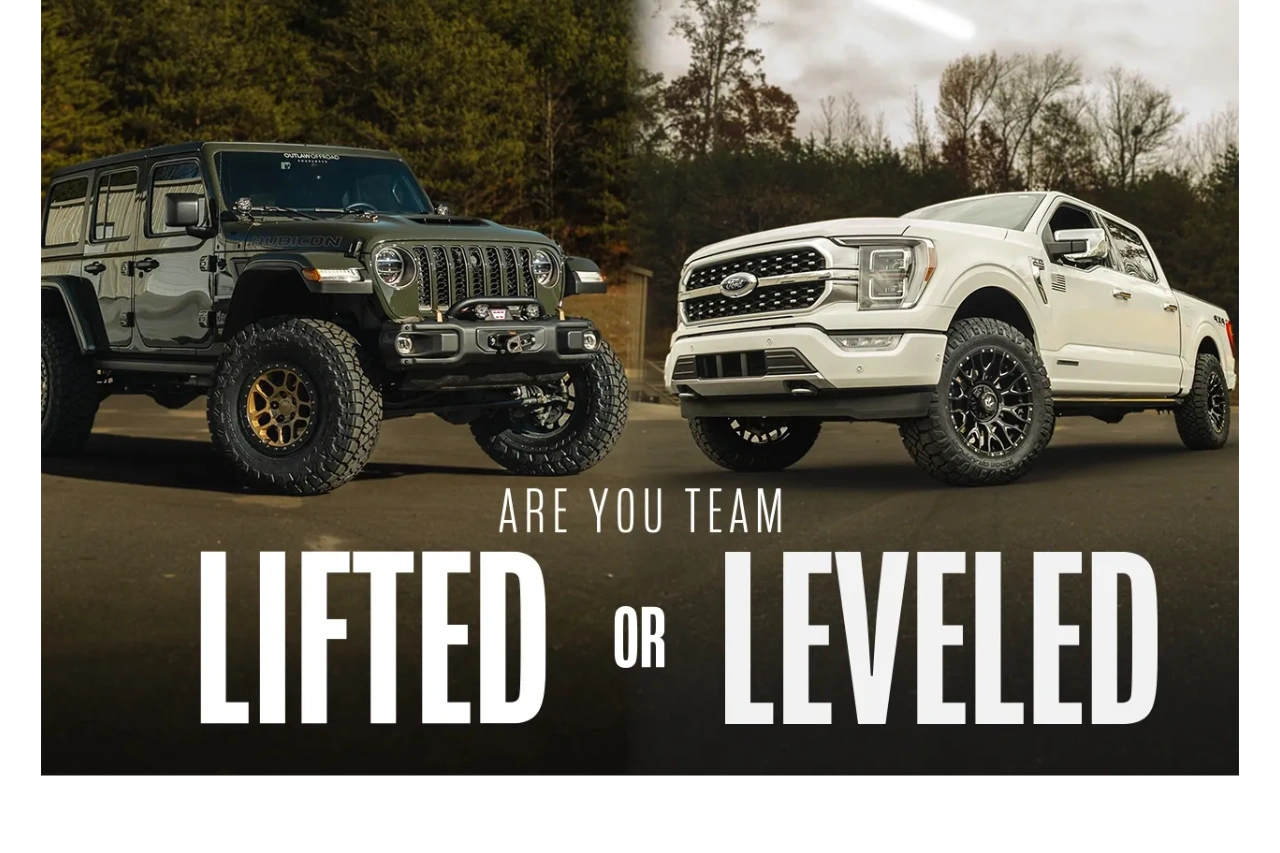 dramatic image showing lifted jeep and leveled ford f150
