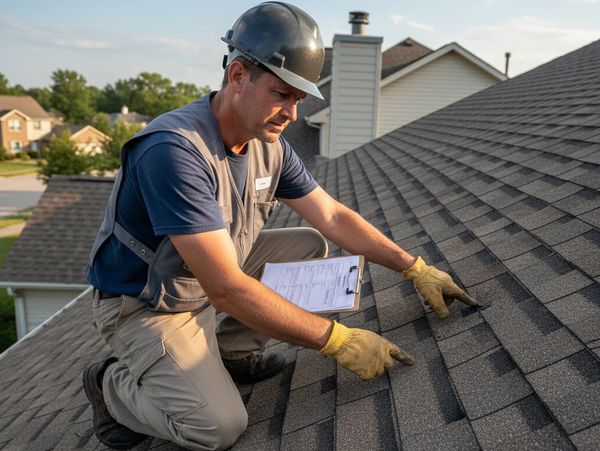 A roofer inspecting shingles on a residential roof wearing safety gear.