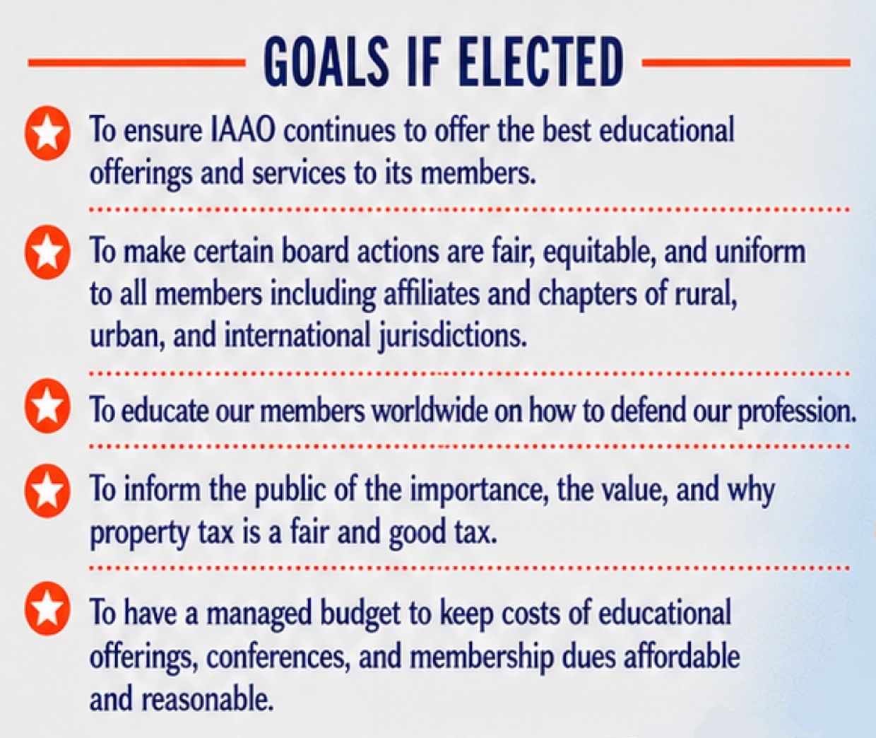 Goals If Elected outlining importance of education and fair, equitable, and uniform treatment of all