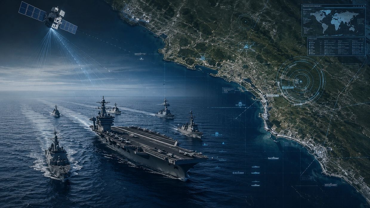 Naval fleet with satellite surveillance near coastline.