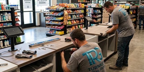 Two workers installing a retail store counter with tools and supplies.