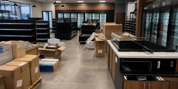 A nearly empty store with boxes and shelves being set up for stock.
