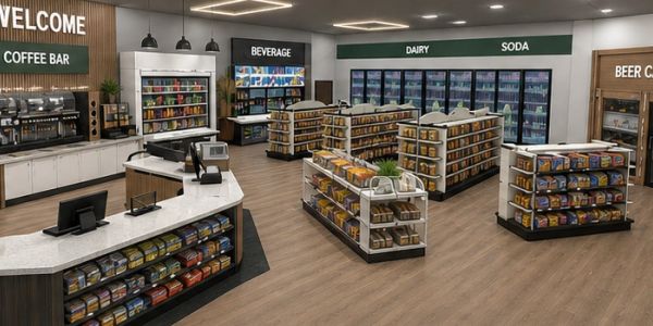 Modern grocery store interior with coffee bar and beverage sections.