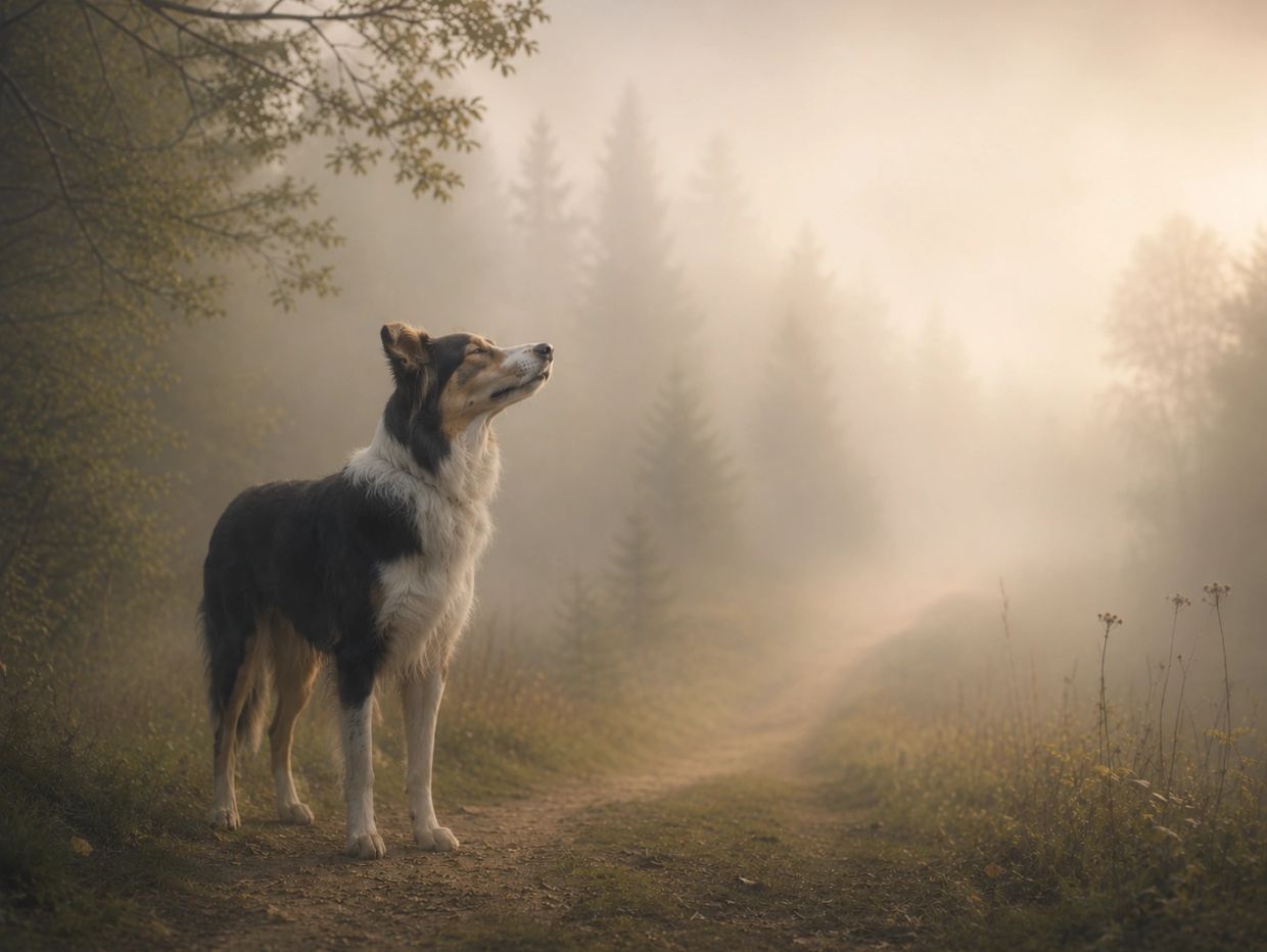 A dog standing on a misty forest path, enjoying the fresh air.