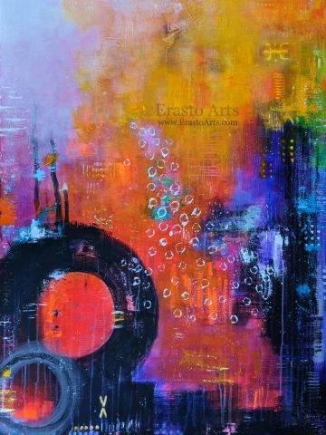 Abstract colorful painting with circles and vibrant hues.