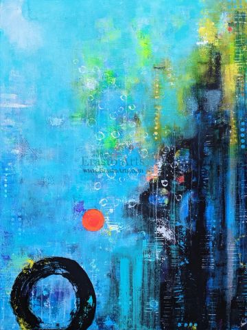Abstract blue painting with black circle and city silhouette.