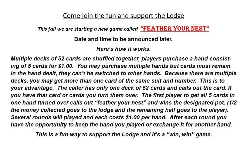 Flyer announcing a new card game called Feather Your Nest to support the Lodge.