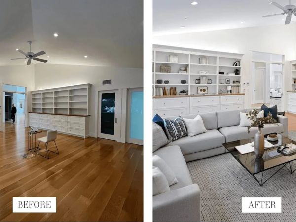 Living room transformation with added furniture and decor.