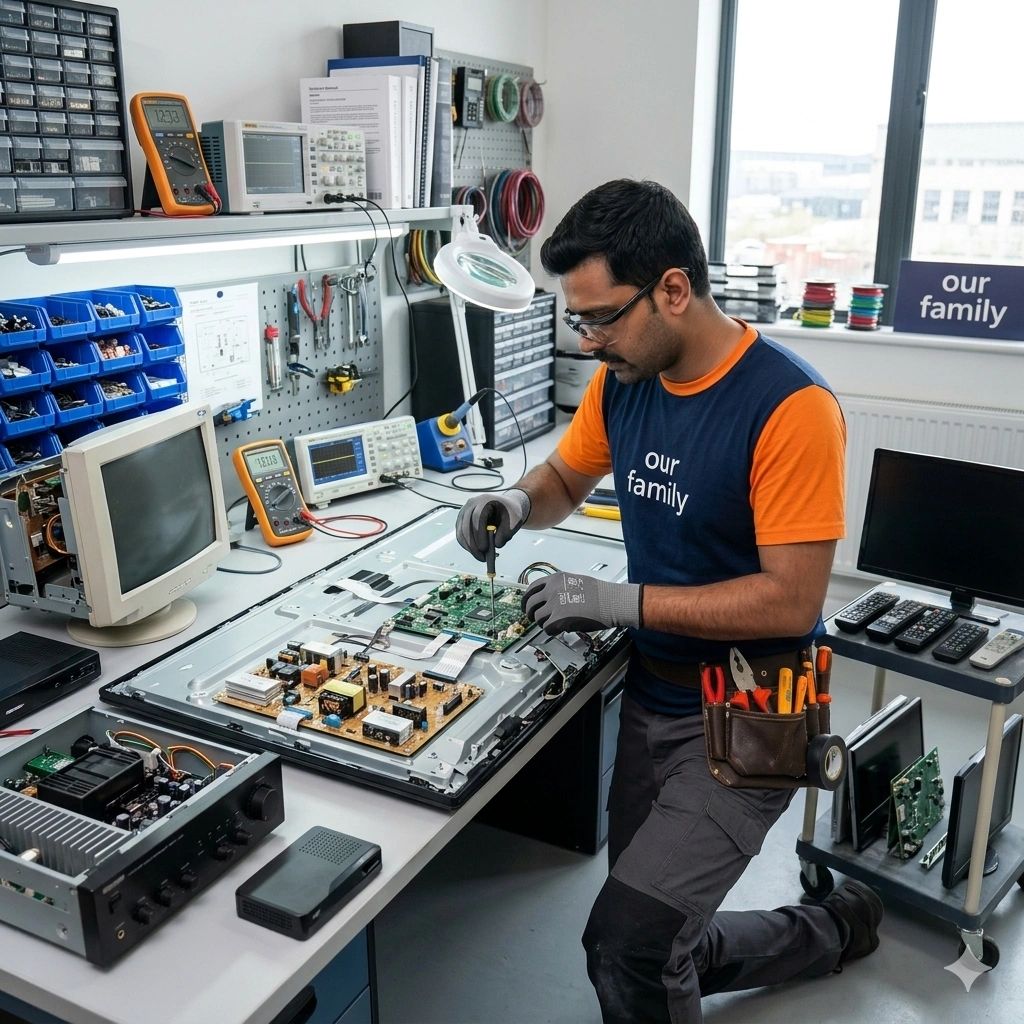 Technician repairing electronic circuit board in organized workshop.