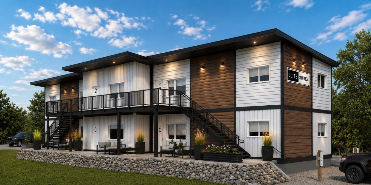 Modern two-story apartment building with wood and white paneling.