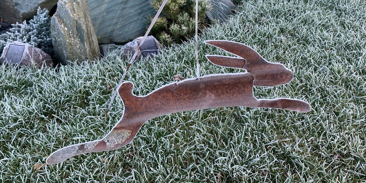 One of Andy Wilkinson's corrugated iron dancing hares, rimed with frost