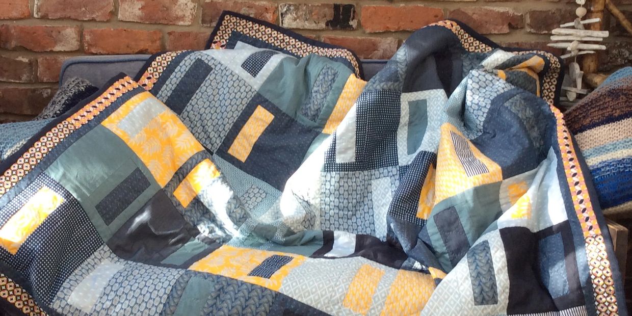 Sally Quick - Commissioned Contemporary Modern Quilt in blues and yellows. Hand quilted - May 2020